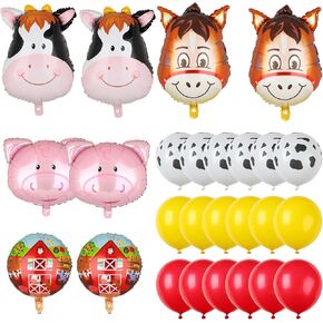 Farm Animal Balloons Set Pig Cow Horse Donkey Head Shaped Mylar Foil Cow Print Latex Balloon for Barnyard Farm Theme Birthday Party Supplies Decorations