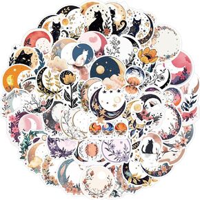 50PCS Boho Moon Art Pack for Adults, Teens, Girls - Aesthetic Vintage Moon Flower Cat Stickers for Water Bottles, Laptops, Journals, Scrapbooking