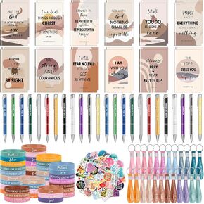 yeaqee 146 PCS مجموعة الهدايا المسيحية تشمل 24 آيات الكتاب المقدس أقلام دفتر الكتاب المقدس 24 دفاتر الكتاب المقدس ونقلت الأساور 24 سلاسل المفاتيح الملهمة 50 يسوع المسيحية الملصقات (الكلاسيكية)