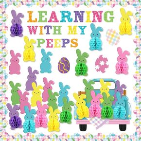 87 PCS 3D Easter Bulletin Decorations Easter Honeycomb Classroom Decoration Spring Egg Bunny Truck Paper Clutouts for School School Classery Decor