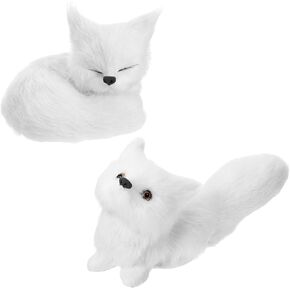 Simulation Fox Toy 2 Piece Fur Model Stuffed Fox Ornament Static Action Figures Squatting Sleeping Plush for Home Office Bag Decoration 5.5 x 2.76 Inch, 3.15 x 2.36 Inch(White)