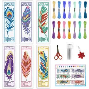 INFUNLY 6PCS Colorful Feather Cross Stitch Bookmark Kit for Adults 8.66"×3.15" Feather Pattern Boho Embroidery Bookmark Kit Ethnic Counted Cross Stitch Kit with Instruction for Book Lovers DIY