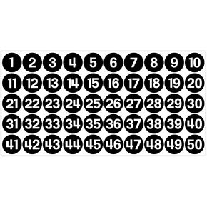 GamesMonkey® - Circle Adhesive Number Labels - Black - 1 to 50 - Waterproof Vinyl - Consecutive Inventory (1 Sheet, 1" - 25mm)