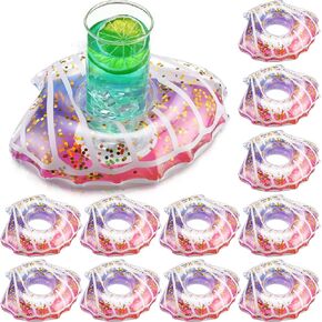 Honeydak 12 Pieces Inflatable Drink Holder Shell Drink Floats Sequin Reusable Inflatable Sea Animal Cup Coasters Pool Cup Holders for Summer Swimming Party Favors Decoration (White,Pink,Blue,Green)