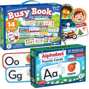 Montessori Busy Book for Toddlers & Alphabet Puzzle Games for Ristergarten - 2PC Set - Pre K Preschool Learning Types Toys Edys for 3 Age
