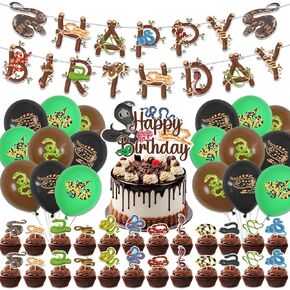44 PCS Snake Birthday Supplies تشمل Snake Banner Happy Birthday Banner ، Cake Topper ، Cupcake Toppers ، Balloons ، Party Snake Temper Form