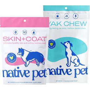 حيوان أليف أوميغا الأصليون ومضغ المعطف للكلاب (60 مضغ مجفف بالهواء) و Yak Chew (3 مضغ متوسطة) - جميع عصي الأسنان الطبيعية مصنوعة من جبن ياك وزيت أوميغا 3 النقي