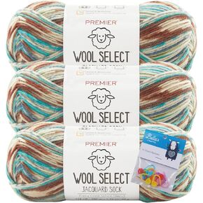 Premier Wool Select Jacquard Sock Yarn - Trailblazer - 3-Pack Bundle with Bellas Crafts Stitch Markers