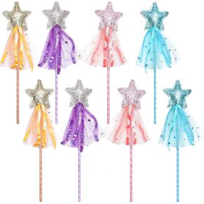 Sotogo 8 قطع Glitter Star Wands Fairy Wands Kids Princess Party Party Favors Angel Wand Sticks with Ribbon Asse Props Tress-Up Wand Kit for Halloween Christmas Birthday حفل زفاف