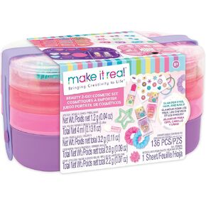 Make It Real: Beauty 2-Go! Cosmetic Set - 136pcs, Glam for Eyes-Hair-Nails, Tray Compartments, Pink & Purple Storage Carry Case, Girls & Kids Ages 8+