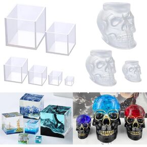 RESINWORLD Set of Large Medium Small Clear Skull Resin Molds + Set of 4, 3, 2, 1.5, 1, 0.5 Clear Silicone Cube Molds