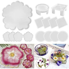 RESINWORLD Upgrade 8Pcs Coaster Molds with 2Pcs Storage Box Molds + 1Pc 13'' Large Floral Tray Mold & 4 Pack 4'' Flower Geode Coaster Silicone Molds