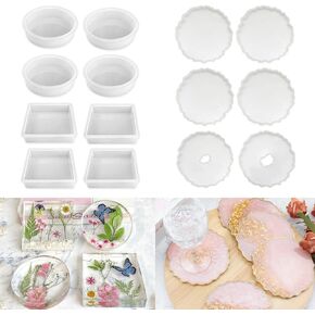 ResinWorld 6 Pack Geode Coaster Molds for Resin + 8 Pack Deep Round Square Coaster Molds