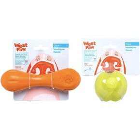 West Paw Zogoflex Jive Ball Dog Toy (2.6 بوصة ، Granny Smith) و Zogoflex Hurley Dog Bone Tuy (صغير ، اليوسفي)-ألعاب الحيوانات الأليفة القابلة للطفو للمضغات العدوانية ، الصيد ، الجلب
