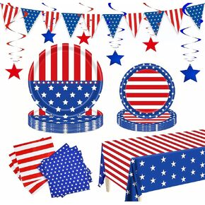 Patriotic Party Supplies, Patriotic Party Decorations Sets,American Flag Banner Plates and Napkin Tablecloths, 4th of July Independence Day Decor, Red White and Blue for Memorial , Serve 25