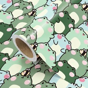 WRAPAHOLIC Frog Wrapping Paper Roll - Mini Roll - 17 Inch x 16.5 Feet - Cute Chubby Frog Animal Wrapping Paper Perfect for Kids Boy Girl Birthday, Baby Shower