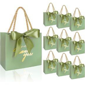 Whaline 50Pcs Thank You Paper Gift Bags with Bow Sage Green Party Favor Bags with Handles for Wedding Bridal Baby Shower Birthday Party (Assembly Required)