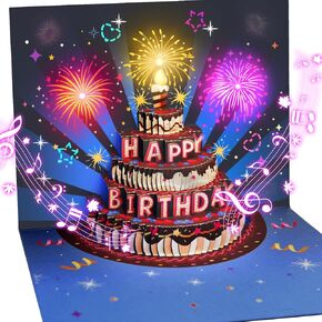بطاقات عيد ميلاد الألعاب النارية يطفو على الكعكة الخفيفة والموسيقى ، وبطاقات المعايدة ، وهدايا عيد ميلاد سعيد للنساء أمي رجل زوجة الزوجة