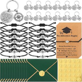 Highergo 12 Sets 2025 Graduation Gifts Bulk Include 12 Compass Bracelet with Inspirational Card 12 Graduation Keychain 12 A7 Envelopes 25 Gold Stickers for Men Women College(Black)