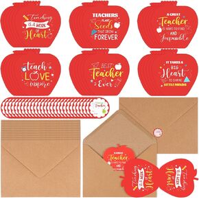 36 مجموعة من بطاقات تقدير المعلم مع مظروف وملصق Apple Shape Gift Card Teacher Thank You Thanks Thank There the President Week Week to School End of the Year ، 6 أنماط