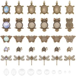 PH Pandahall 60pcs قلادة الصواني مجموعة - 30pcs 5 أنماط برونز فارغة إعدادات سلحفاة البومة ، 30 بكسل قبة كابوشون زجاجية صافية لتصنيع مجوهر