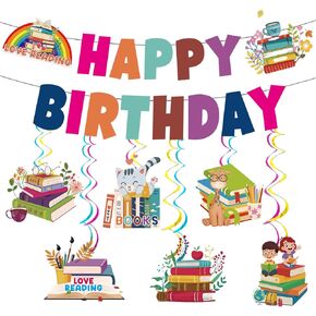 I Love Reading Book Banner, Book Themed Party Decorations, Happy Birthday Books Banner, Reading Streamers Hanging Decorations for Birthday Party