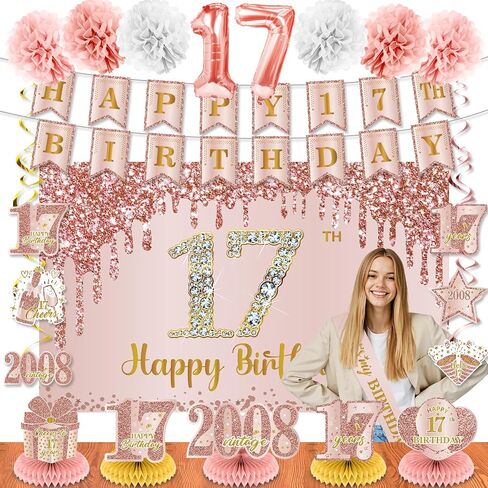17th Birthday Decorations for Girls Rose Gold Happy 17th Birthday Banner Backdrop Number 17 Balloons Honeycomb Centerpiece Hanging Swirls Sash Paper Pompoms for 17 Year Old Birthday Party Supplies in Saudi Arabia