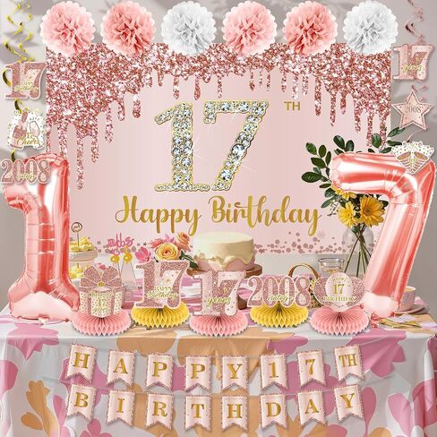 17th Birthday Decorations for Girls Rose Gold Happy 17th Birthday Banner Backdrop Number 17 Balloons Honeycomb Centerpiece Hanging Swirls Sash Paper Pompoms for 17 Year Old Birthday Party Supplies in Saudi Arabia