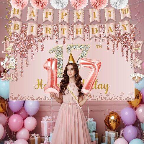 17th Birthday Decorations for Girls Rose Gold Happy 17th Birthday Banner Backdrop Number 17 Balloons Honeycomb Centerpiece Hanging Swirls Sash Paper Pompoms for 17 Year Old Birthday Party Supplies in Saudi Arabia