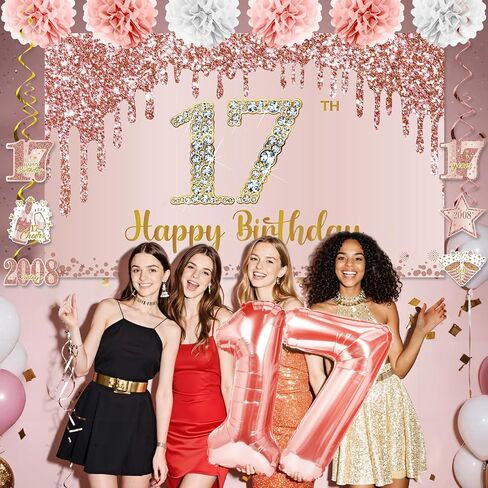 17th Birthday Decorations for Girls Rose Gold Happy 17th Birthday Banner Backdrop Number 17 Balloons Honeycomb Centerpiece Hanging Swirls Sash Paper Pompoms for 17 Year Old Birthday Party Supplies in Saudi Arabia