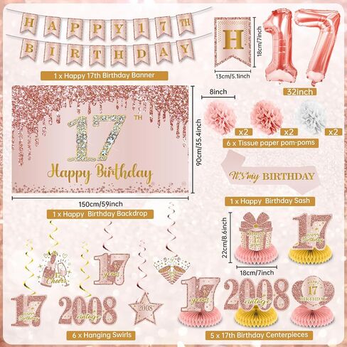 17th Birthday Decorations for Girls Rose Gold Happy 17th Birthday Banner Backdrop Number 17 Balloons Honeycomb Centerpiece Hanging Swirls Sash Paper Pompoms for 17 Year Old Birthday Party Supplies in Saudi Arabia