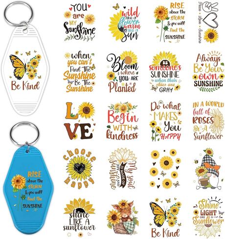 Berirexrion Stickers for Motel Keychain - 8 Sheets UV DTF Transfer Keyring Sticker Sunflower Highland Cow Car Hotel Keychains Labels Decorative Inspirational Quotes Wraps for Jewelry Identification in Kuwait