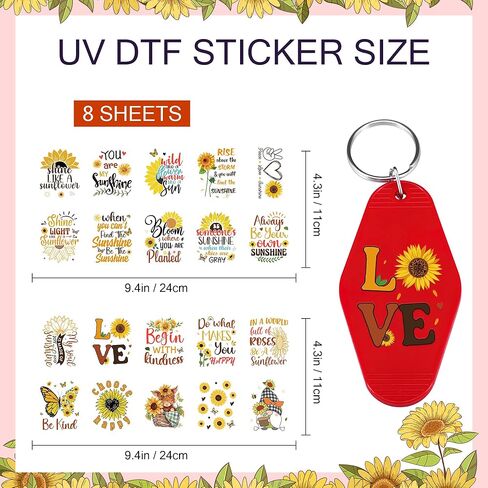 Berirexrion Stickers for Motel Keychain - 8 Sheets UV DTF Transfer Keyring Sticker Sunflower Highland Cow Car Hotel Keychains Labels Decorative Inspirational Quotes Wraps for Jewelry Identification in Kuwait