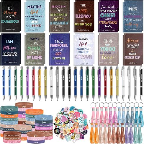 Yeaqee 146 Pcs Christian Gifts Set Bulk Include 24 Bible Verses Pens 24 Bible Notebooks 24 Scripture Quotes Bracelets 24 Inspirational Keychains 50 Jesus Christian Stickers(Classic) in Saudi Arabia