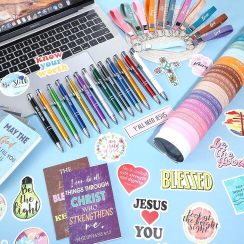 Yeaqee 146 Pcs Christian Gifts Set Bulk Include 24 Bible Verses Pens 24 Bible Notebooks 24 Scripture Quotes Bracelets 24 Inspirational Keychains 50 Jesus Christian Stickers(Classic) in Saudi Arabia