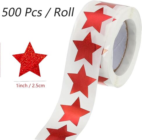 Glitter Red Star Stickers 500 Pcs, Star-Shaped Stickers Roll, 1 inch Self Adhesive Sparkly Shiny Stars Labels, Foil Stickers for Teacher Supplies, Classroom Business, Notes, Cups, Gift Box Card in Saudi Arabia