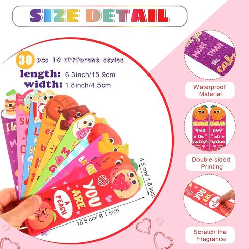 30 Pieces Valentine's Scented Bookmarks Assorted Scratch and Sniff Fruit Food Bookmarks with Funny Sayings for Kids Teenagers Classroom Valentine's Day Gifts(Cute) in Saudi Arabia