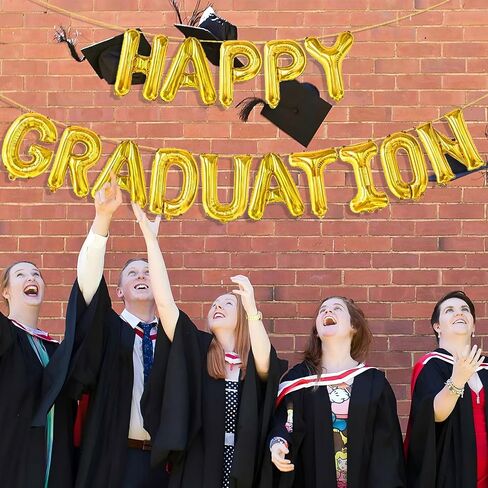 Gold Happy Graduation Balloons, Graduation Balloon Banner for Class of 2025 Decorations College High School Grad Decor in Saudi Arabia