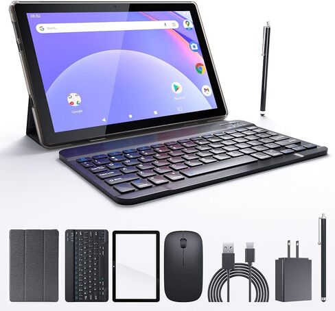 Tablet With Keyboard 2 in 1 Tablet Android Tablet 10 Inch Tablets, Include Mouse Case Stylus Tempered Film 5G Wifi Wifi6 128GB ROM+6GB RAM 10 IN IPS 8MP Camera 6000mAh Battery 10.1" FHD Android Tab in Kuwait