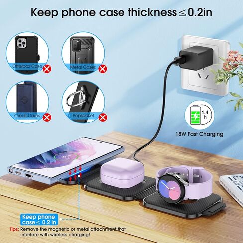 Pocket Wireless Charger for Samsung Android Phone, Fast Foldable Travel Wireless Charging Station Stand Compatible for Samsung Galaxy Watch 7/Buds Pro 3/for Samsung S24/S23 Ultra/S22/Z Flip 6/5 Fold 6 in Kuwait