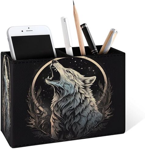 Famame Howling Wolf Moon Pencil حامل للمكتب ، جلود سطح المكتب الحاوية كأس تخزين الجدول حامل فرشاة مكياج منظم للمكتب في الفصل الدراسي in Kuwait
