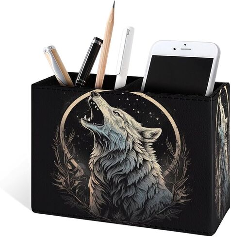 Famame Howling Wolf Moon Pencil حامل للمكتب ، جلود سطح المكتب الحاوية كأس تخزين الجدول حامل فرشاة مكياج منظم للمكتب في الفصل الدراسي in Kuwait