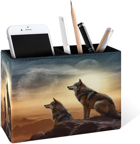 Famame Howling Wolf Moon Pencil حامل للمكتب ، جلود سطح المكتب الحاوية كأس تخزين الجدول حامل فرشاة مكياج منظم للمكتب في الفصل الدراسي in Kuwait