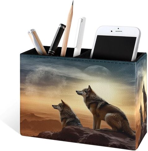 Famame Howling Wolf Moon Pencil حامل للمكتب ، جلود سطح المكتب الحاوية كأس تخزين الجدول حامل فرشاة مكياج منظم للمكتب في الفصل الدراسي in Kuwait