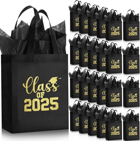 Hahafelt 24 Sets Graduation Gift Bags Bulk Reusable Non Woven Class of 2025 Tote Bag with Handle Tissue Paper Graduation Party Favors for College High School Decoration(Black,9.84 x 7.87 x 3.94 Inch) in Saudi Arabia
