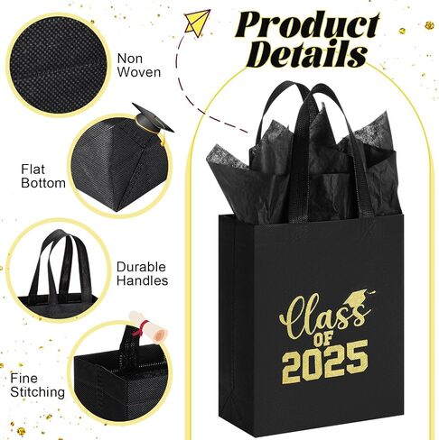 Hahafelt 24 Sets Graduation Gift Bags Bulk Reusable Non Woven Class of 2025 Tote Bag with Handle Tissue Paper Graduation Party Favors for College High School Decoration(Black,9.84 x 7.87 x 3.94 Inch) in Saudi Arabia
