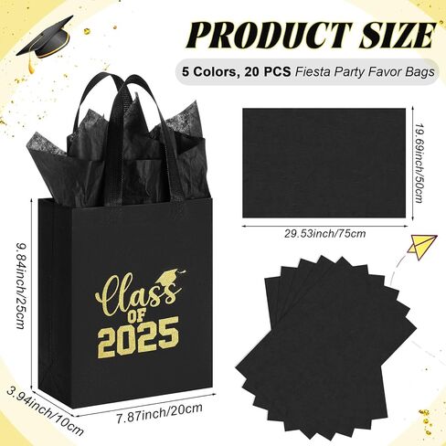Hahafelt 24 Sets Graduation Gift Bags Bulk Reusable Non Woven Class of 2025 Tote Bag with Handle Tissue Paper Graduation Party Favors for College High School Decoration(Black,9.84 x 7.87 x 3.94 Inch) in Saudi Arabia