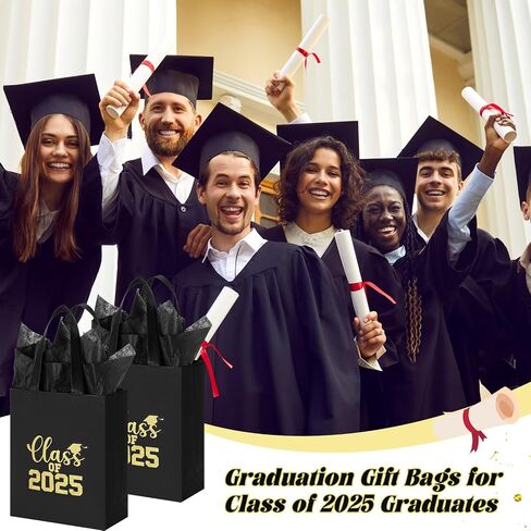 Hahafelt 24 Sets Graduation Gift Bags Bulk Reusable Non Woven Class of 2025 Tote Bag with Handle Tissue Paper Graduation Party Favors for College High School Decoration(Black,9.84 x 7.87 x 3.94 Inch) in Saudi Arabia
