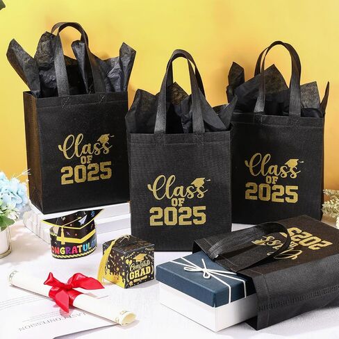 Hahafelt 24 Sets Graduation Gift Bags Bulk Reusable Non Woven Class of 2025 Tote Bag with Handle Tissue Paper Graduation Party Favors for College High School Decoration(Black,9.84 x 7.87 x 3.94 Inch) in Saudi Arabia