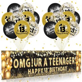 13th Birthday Decorations for Boys Girls Black and Gold Omg Ur a Teenager Banner Foil Confetti Balloons Happy 13th Birthday Backdrop Yard Sign for Kids 13 Years Old Anniversary Birthday Party Supplies